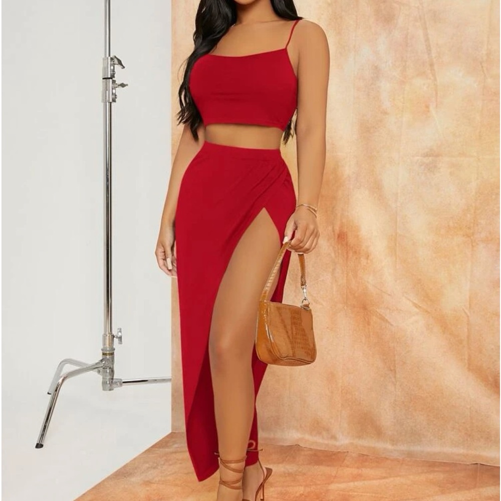Solid Crop Cami Top & Split Thigh Skirt Set